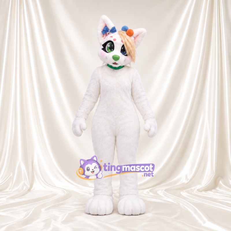 Costume de mascotte Chat – blanc – Cheveux (multicolore); Nez (vert) Costume de mascotte Chat – blanc – Cheveux (multicolore); Nez (vert)