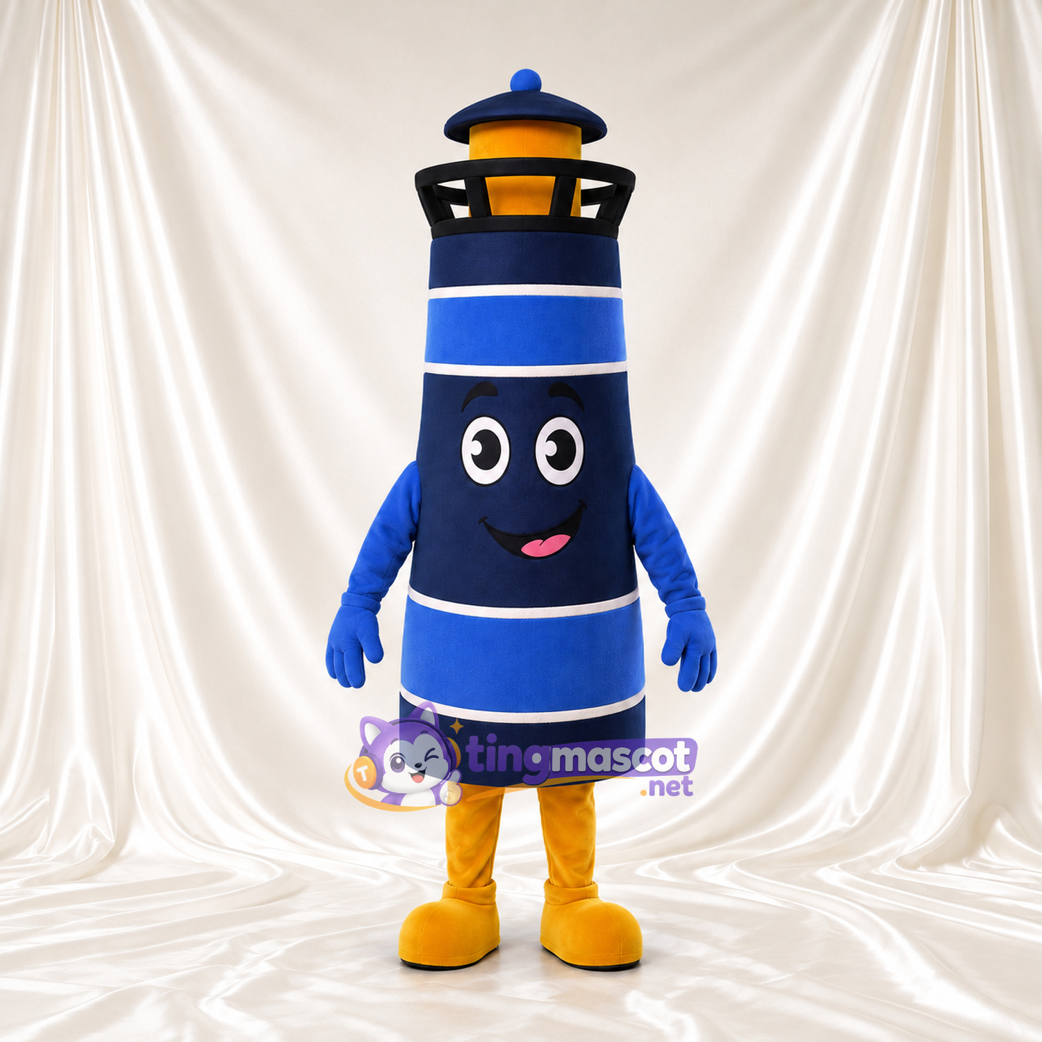 Blue Lighthouse Mascot Costume - Yellow Lantern and White Stripes