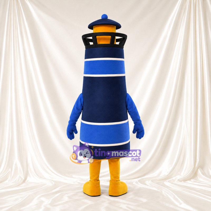 Blue Lighthouse Mascot Costume - Yellow Lantern and White Stripes