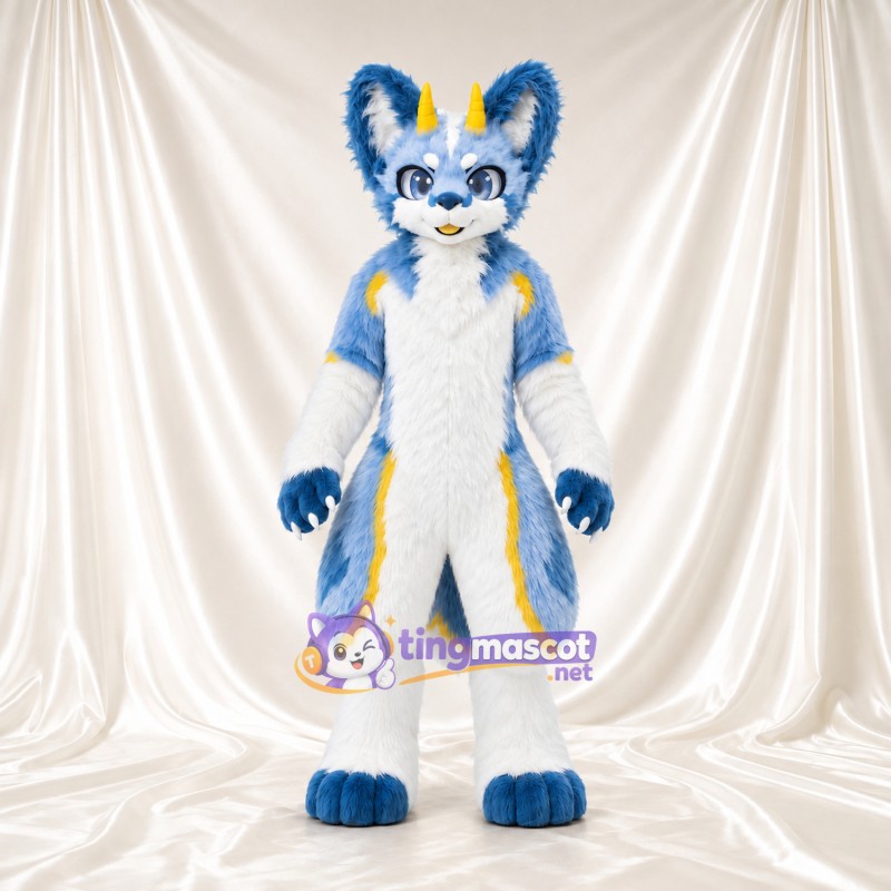 Costume de mascotte Renard – bleu – Touches de couleur (jaune); Longues oreilles