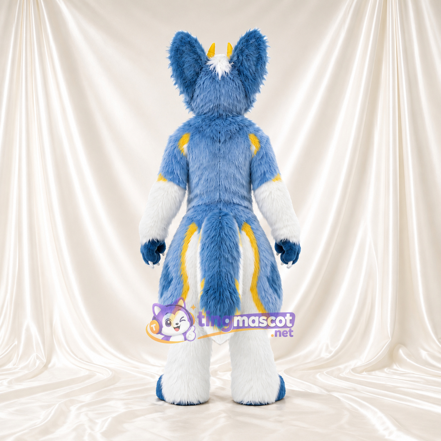 Costume de mascotte Renard – bleu – Touches de couleur (jaune); Longues oreilles Costume de mascotte Renard – bleu – Touches de couleur (jaune); Longues oreilles