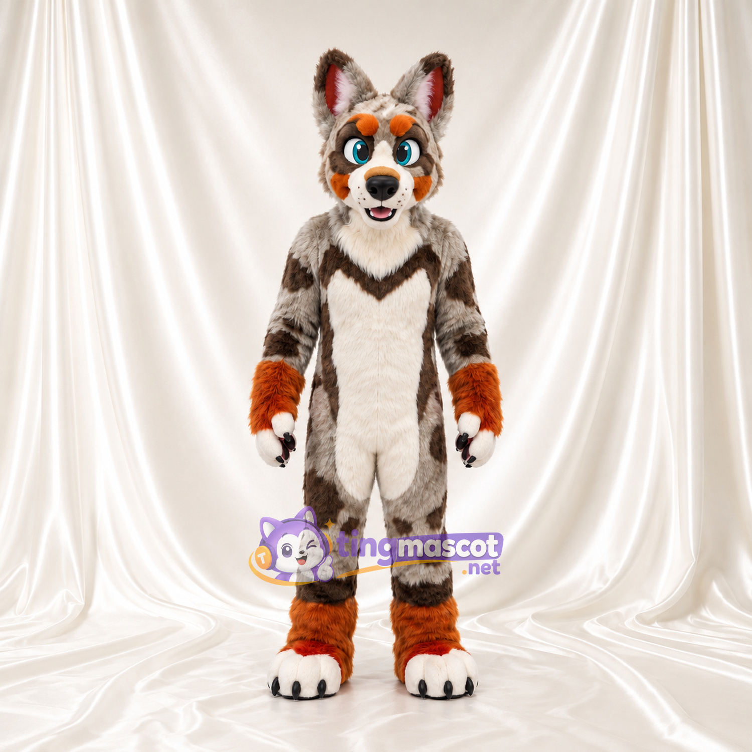 Costume de mascotte Loup – marron – Fourrure (rayé); Fourrure (orange) Costume de mascotte Loup – marron – Fourrure (rayé); Fourrure (orange)
