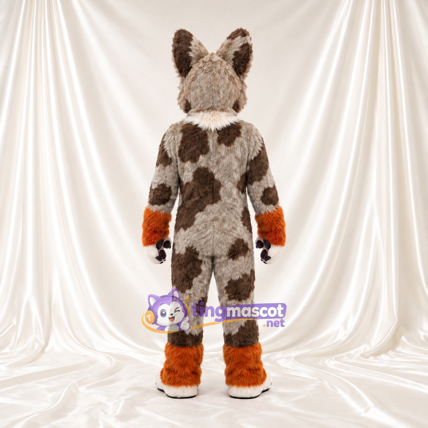 Costume de mascotte Loup – marron – Fourrure (rayé); Fourrure (orange) Costume de mascotte Loup – marron – Fourrure (rayé); Fourrure (orange)