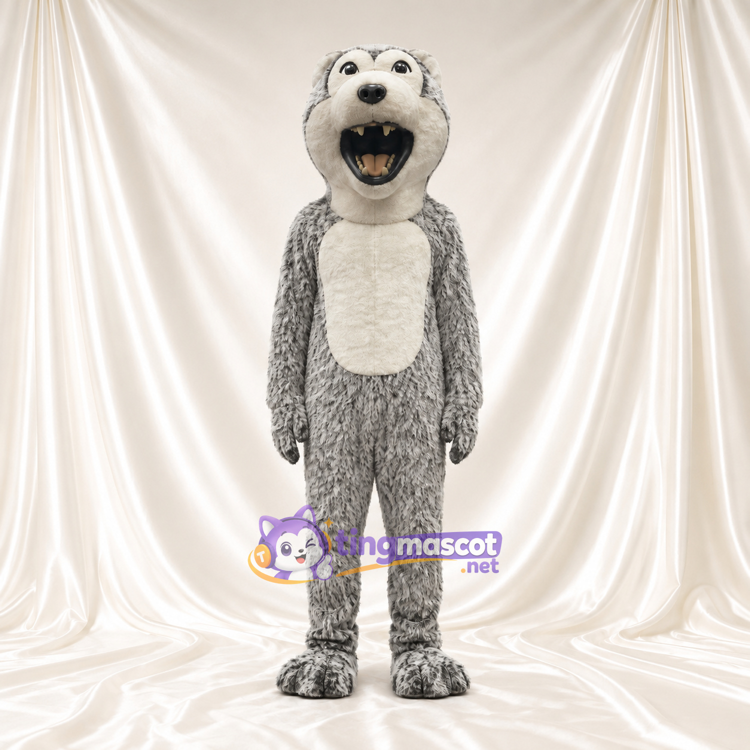 Costume de mascotte Loup – gris – Bouche ouverte (grand); Ventre (crème) Costume de mascotte Loup – gris – Bouche ouverte (grand); Ventre (crème)