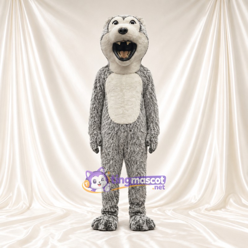 Costume de mascotte Loup – gris – Bouche ouverte (grand); Ventre (crème)