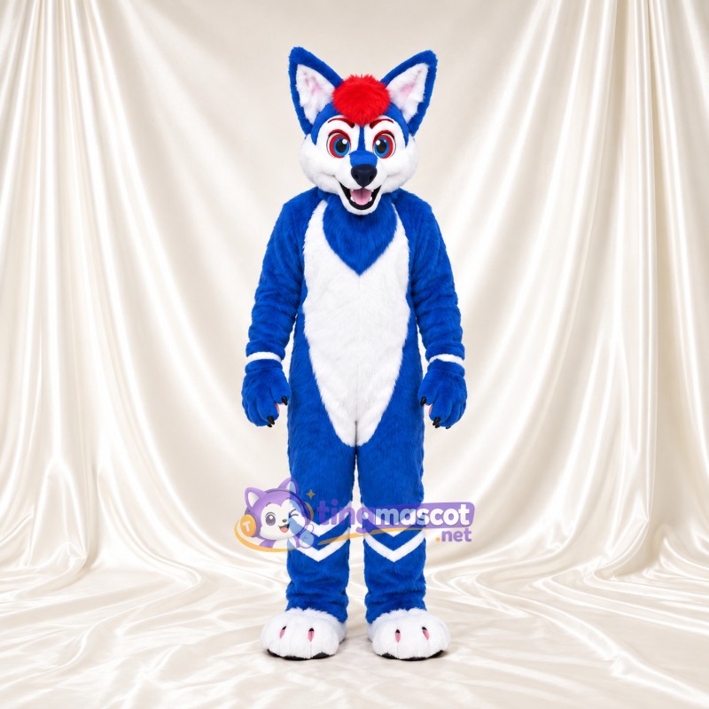 Costume de mascotte Renard – bleu – Mèche sur le front (rouge); Rayures (blanc)