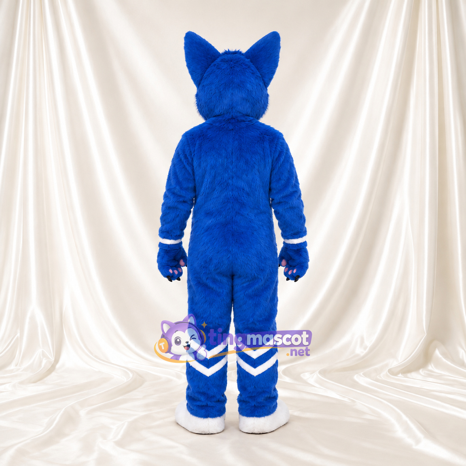 Costume de mascotte Renard – bleu – Mèche sur le front (rouge); Rayures (blanc) Costume de mascotte Renard – bleu – Mèche sur le front (rouge); Rayures (blanc)