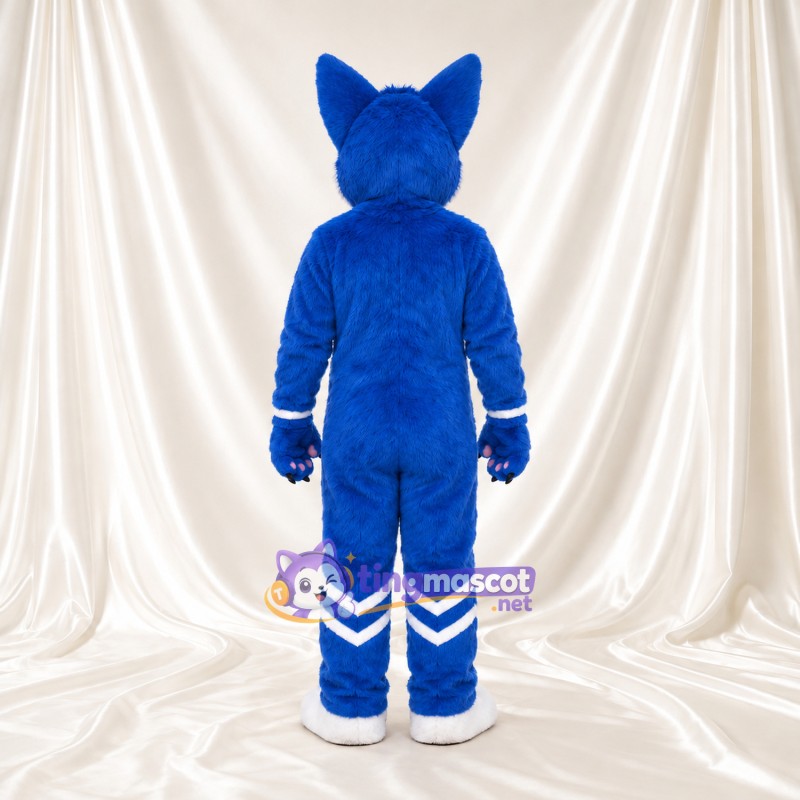 Costume de mascotte Renard – bleu – Mèche sur le front (rouge); Rayures (blanc) Costume de mascotte Renard – bleu – Mèche sur le front (rouge); Rayures (blanc)