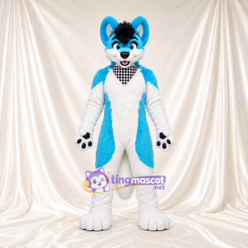 Costume de mascotte Renard – bleu – Bandana; Mèche sur le front (noir) Costume de mascotte Renard – bleu – Bandana; Mèche sur le front (noir)
