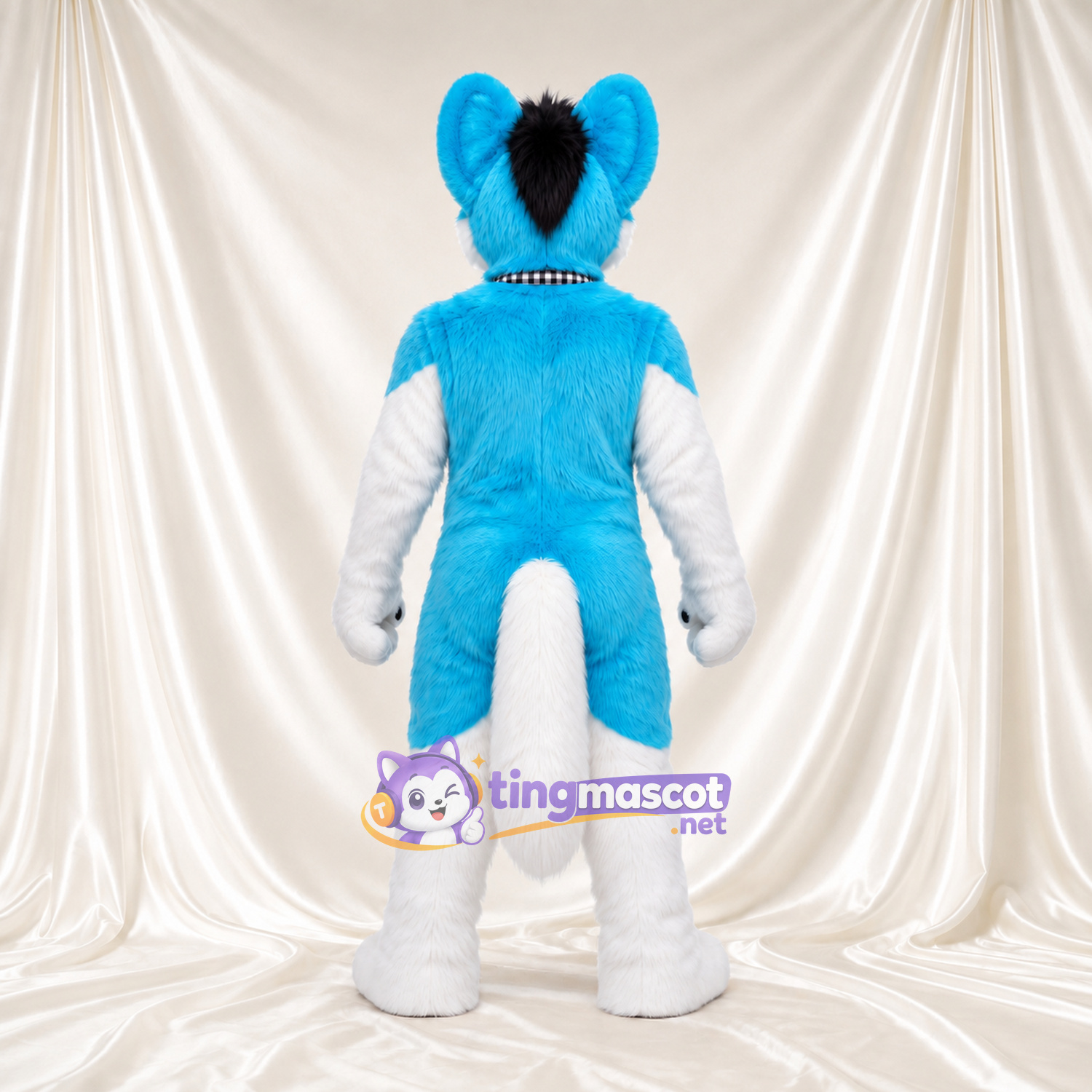 Costume de mascotte Renard – bleu – Bandana; Mèche sur le front (noir) Costume de mascotte Renard – bleu – Bandana; Mèche sur le front (noir)