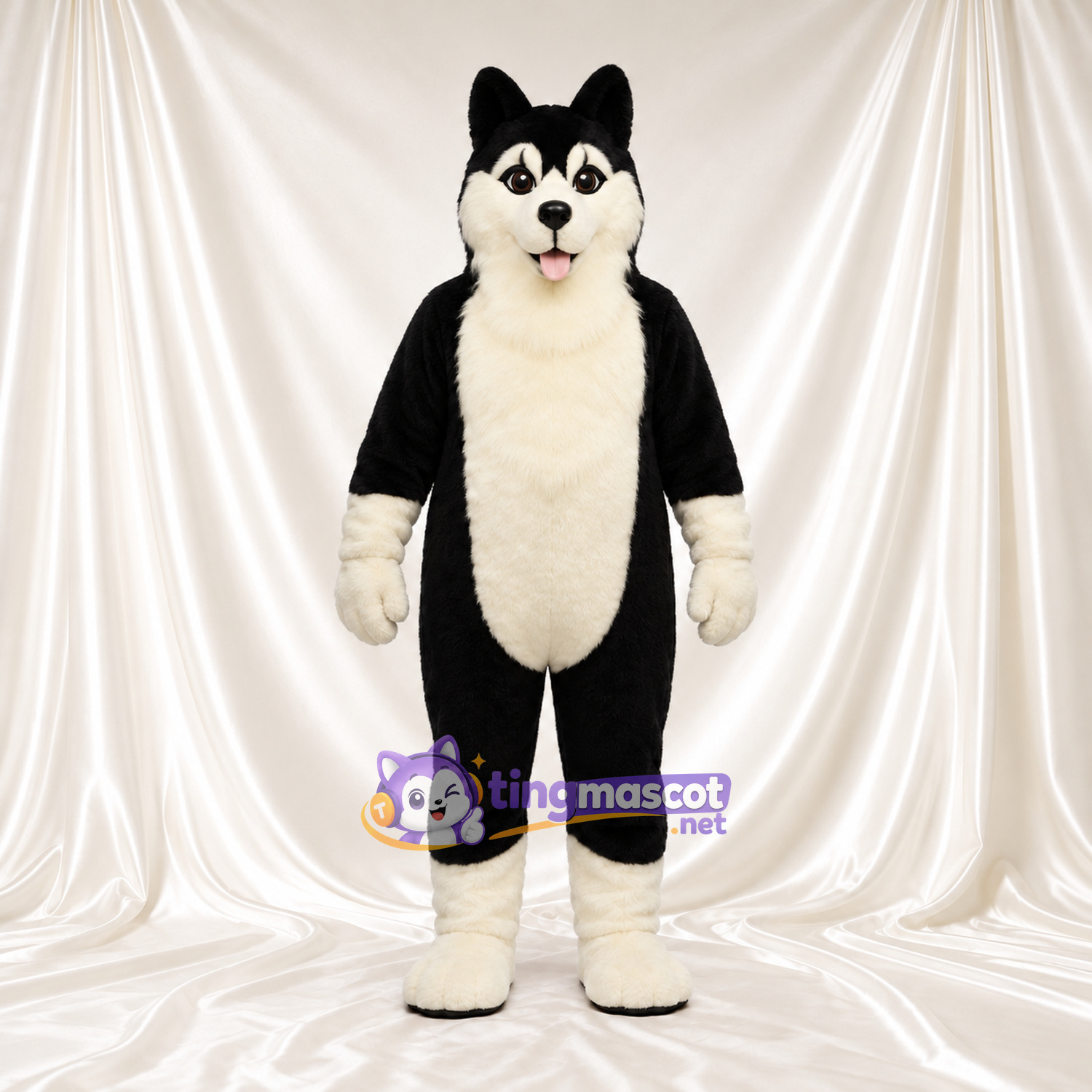 Black and White Husky Mascot Costume - Cream Chest and Tongue-Out Smile Black and White Husky Mascot Costume - Cream Chest and Tongue-Out Smile