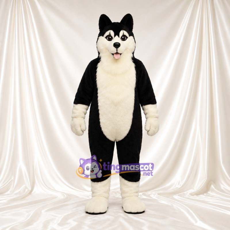 Black and White Husky Mascot Costume - Cream Chest and Tongue-Out Smile Black and White Husky Mascot Costume - Cream Chest and Tongue-Out Smile
