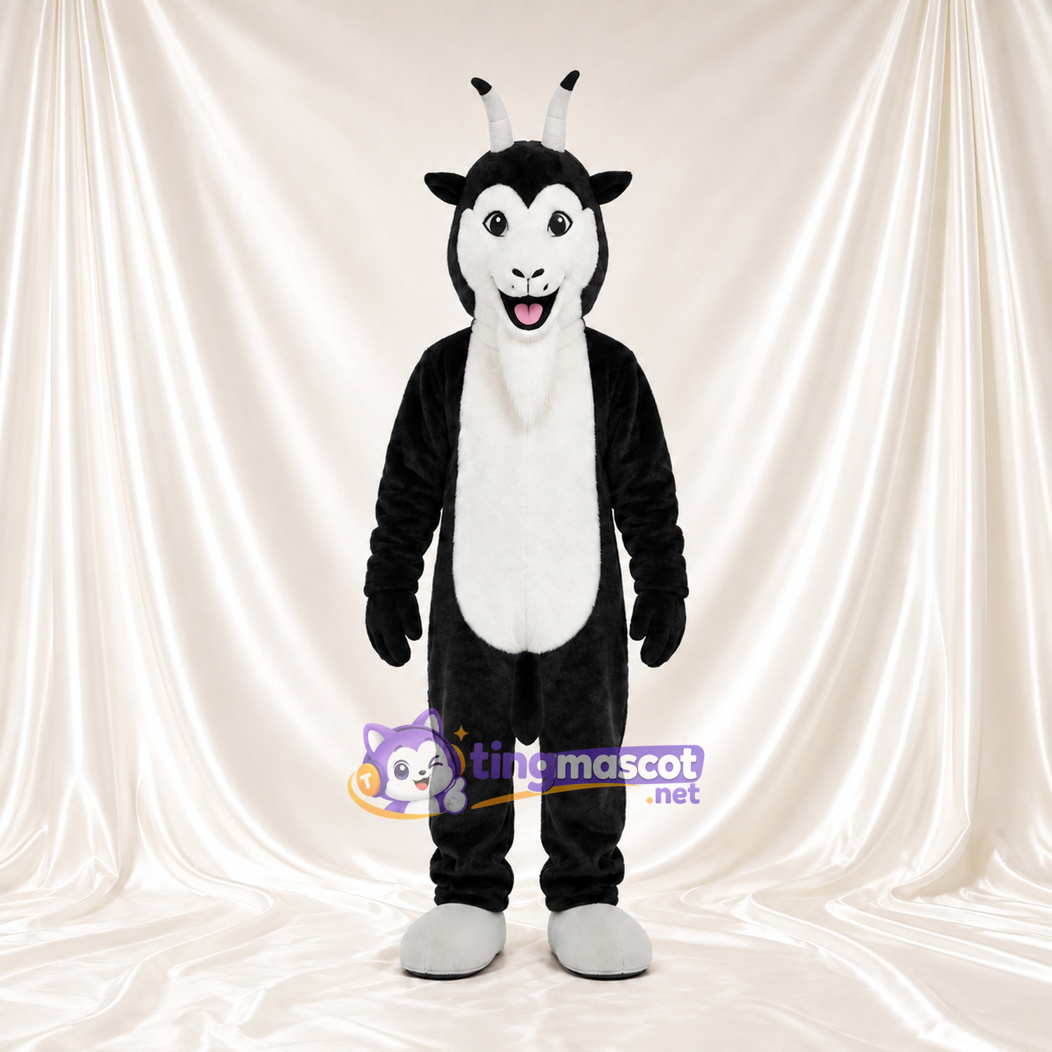 Black and White Goat Mascot Costume - Short Horns and Smiling Face Black and White Goat Mascot Costume - Short Horns and Smiling Face