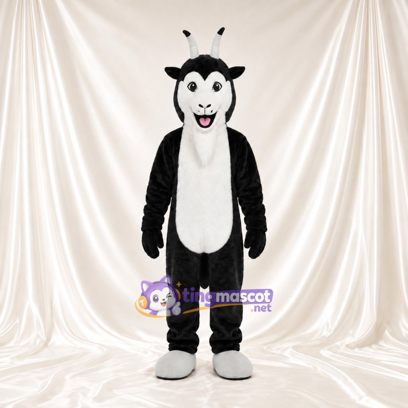 Black and White Goat Mascot Costume - Short Horns and Smiling Face Black and White Goat Mascot Costume - Short Horns and Smiling Face