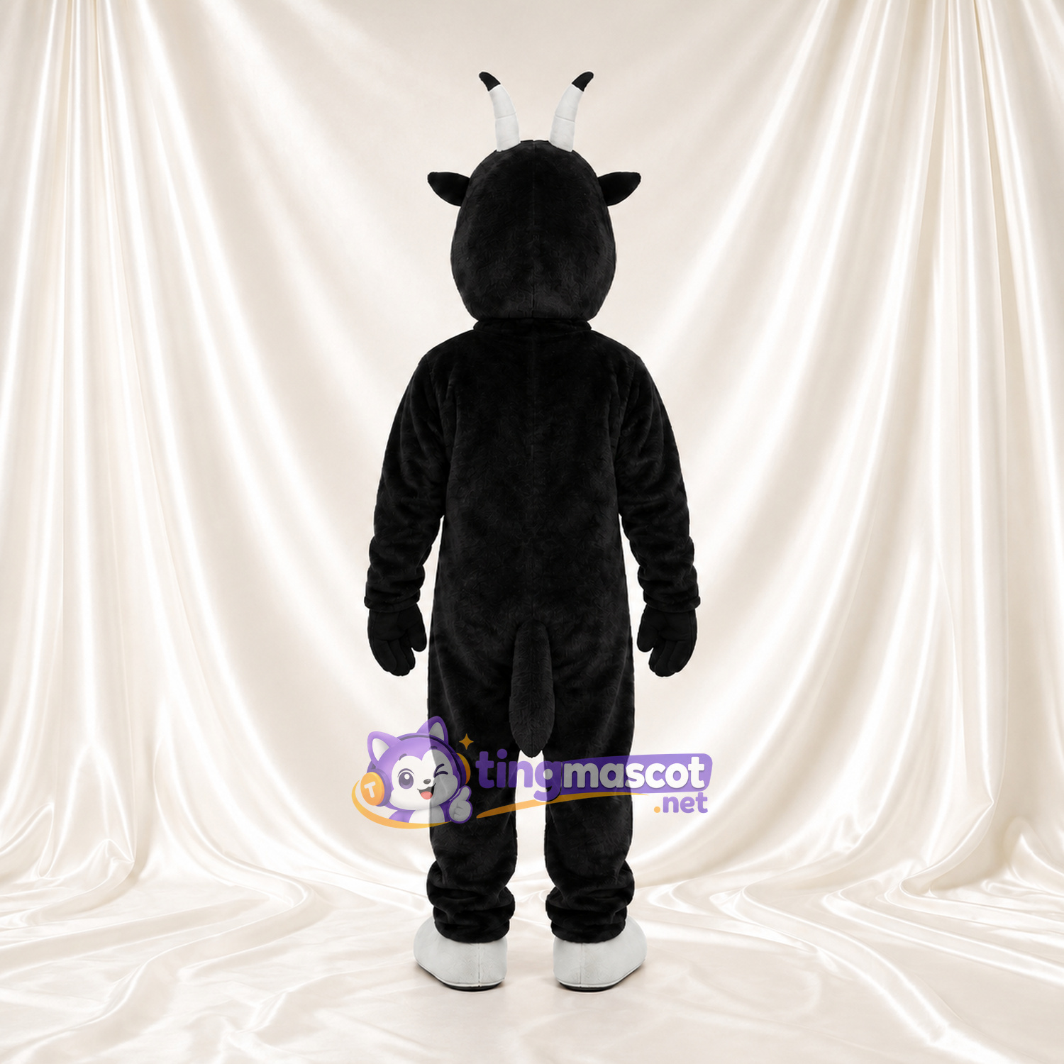 Black and White Goat Mascot Costume - Short Horns and Smiling Face Black and White Goat Mascot Costume - Short Horns and Smiling Face