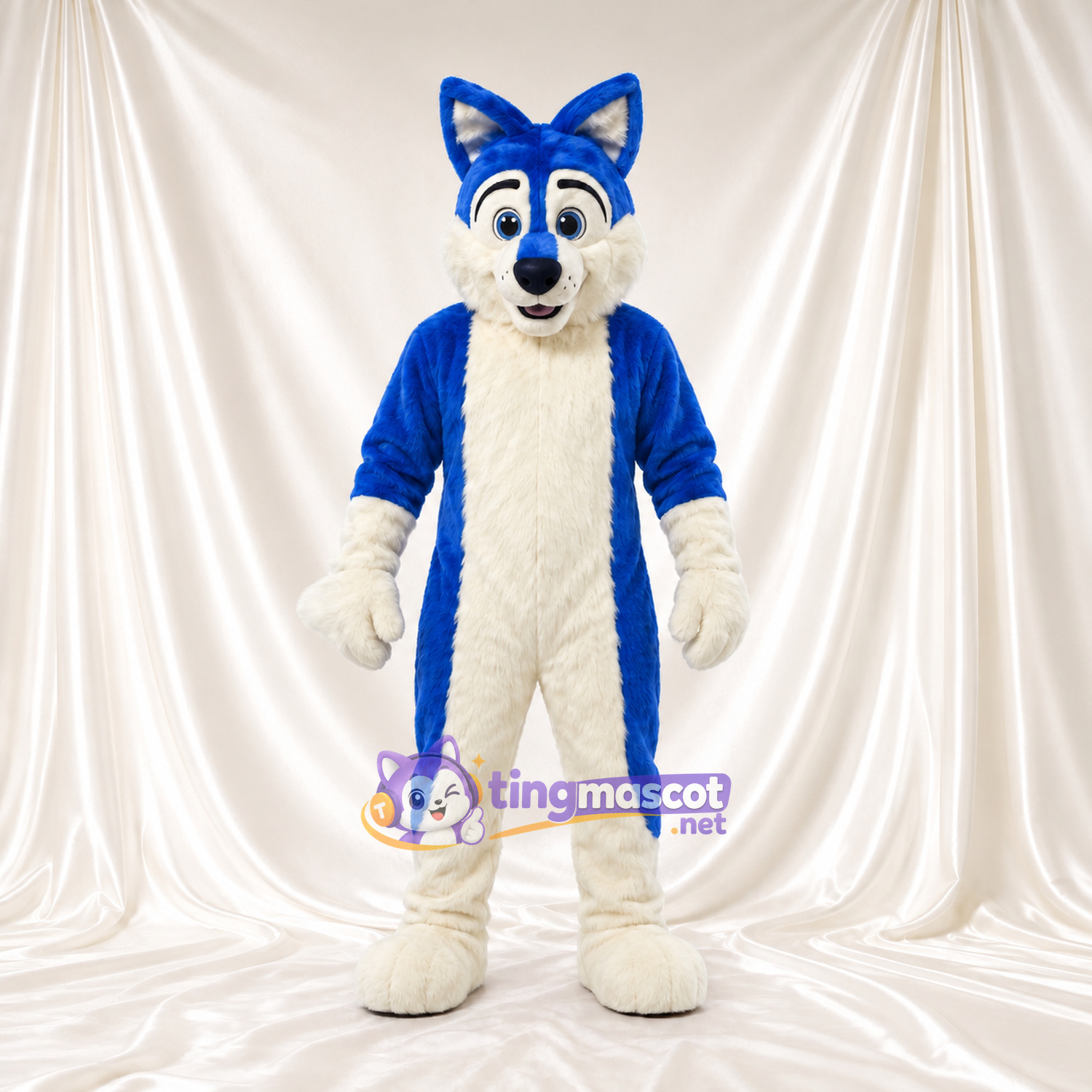 Costume de mascotte Loup – bleu / blanc – Devant (crème); Nez (bleu) Costume de mascotte Loup – bleu / blanc – Devant (crème); Nez (bleu)