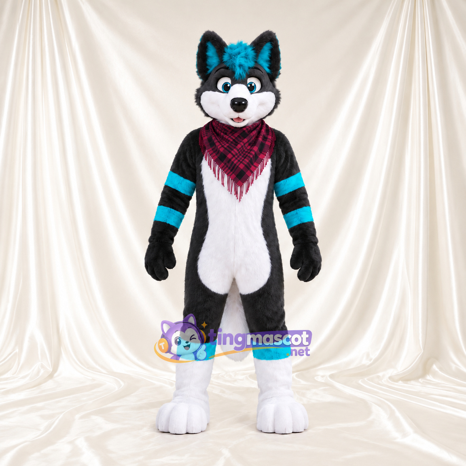 Black and Blue Fox Mascot Costume - Burgundy Checked Bandana Black and Blue Fox Mascot Costume - Burgundy Checked Bandana