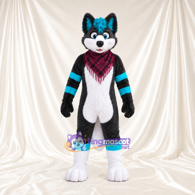 Black and Blue Fox Mascot Costume - Burgundy Checked Bandana Black and Blue Fox Mascot Costume - Burgundy Checked Bandana