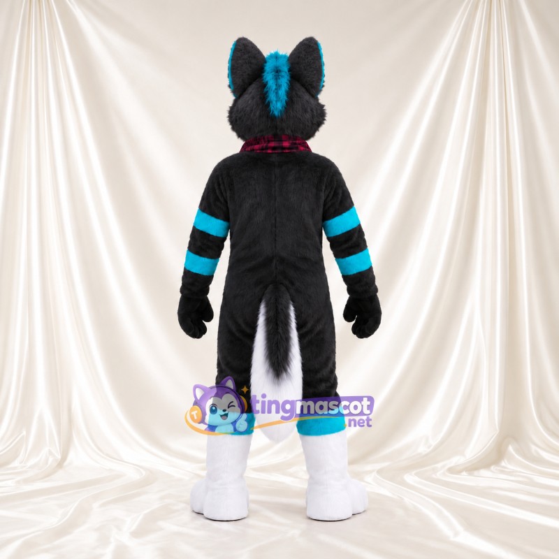 Black and Blue Fox Mascot Costume - Burgundy Checked Bandana Black and Blue Fox Mascot Costume - Burgundy Checked Bandana