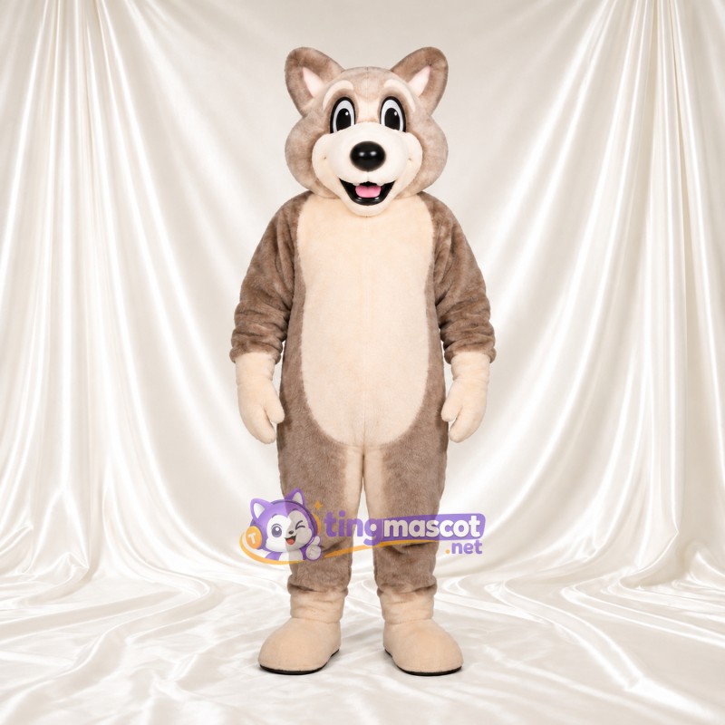 Costume de mascotte Loup – brun clair – Ventre (crème); Sourire Costume de mascotte Loup – brun clair – Ventre (crème); Sourire