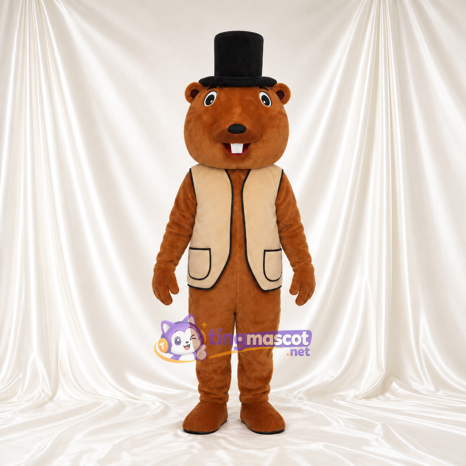 Costume de mascotte Castor – marron – Haut-de-forme (noir); Gilet (brun clair) Costume de mascotte Castor – marron – Haut-de-forme (noir); Gilet (brun clair)