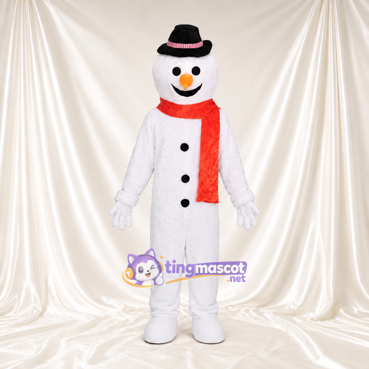 Snowman Mascot Costume - Black Hat and Long Red Scarf Snowman Mascot Costume - Black Hat and Long Red Scarf