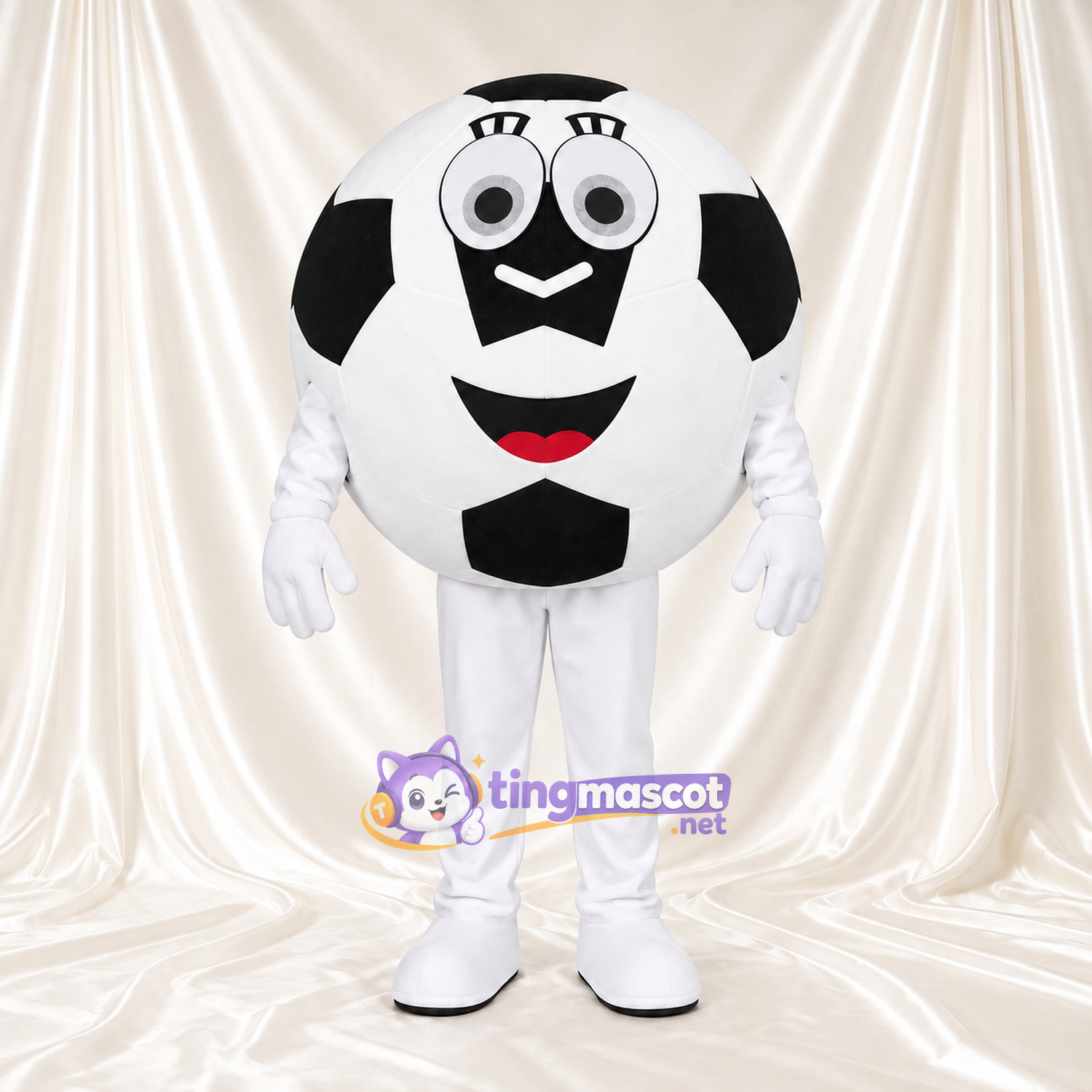Costume de mascotte Ballon de football – noir / blanc – Membres (blanc); Visage souriant Costume de mascotte Ballon de football – noir / blanc – Membres (blanc); Visage souriant