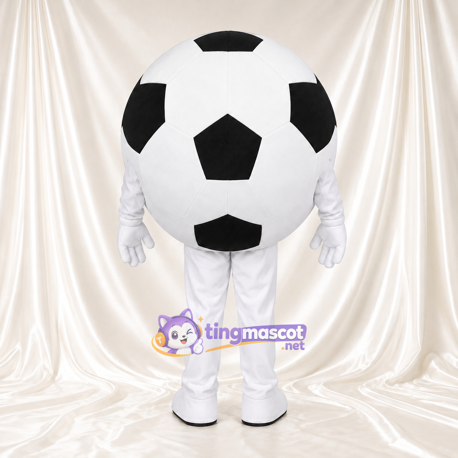 Costume de mascotte Ballon de football – noir / blanc – Membres (blanc); Visage souriant Costume de mascotte Ballon de football – noir / blanc – Membres (blanc); Visage souriant