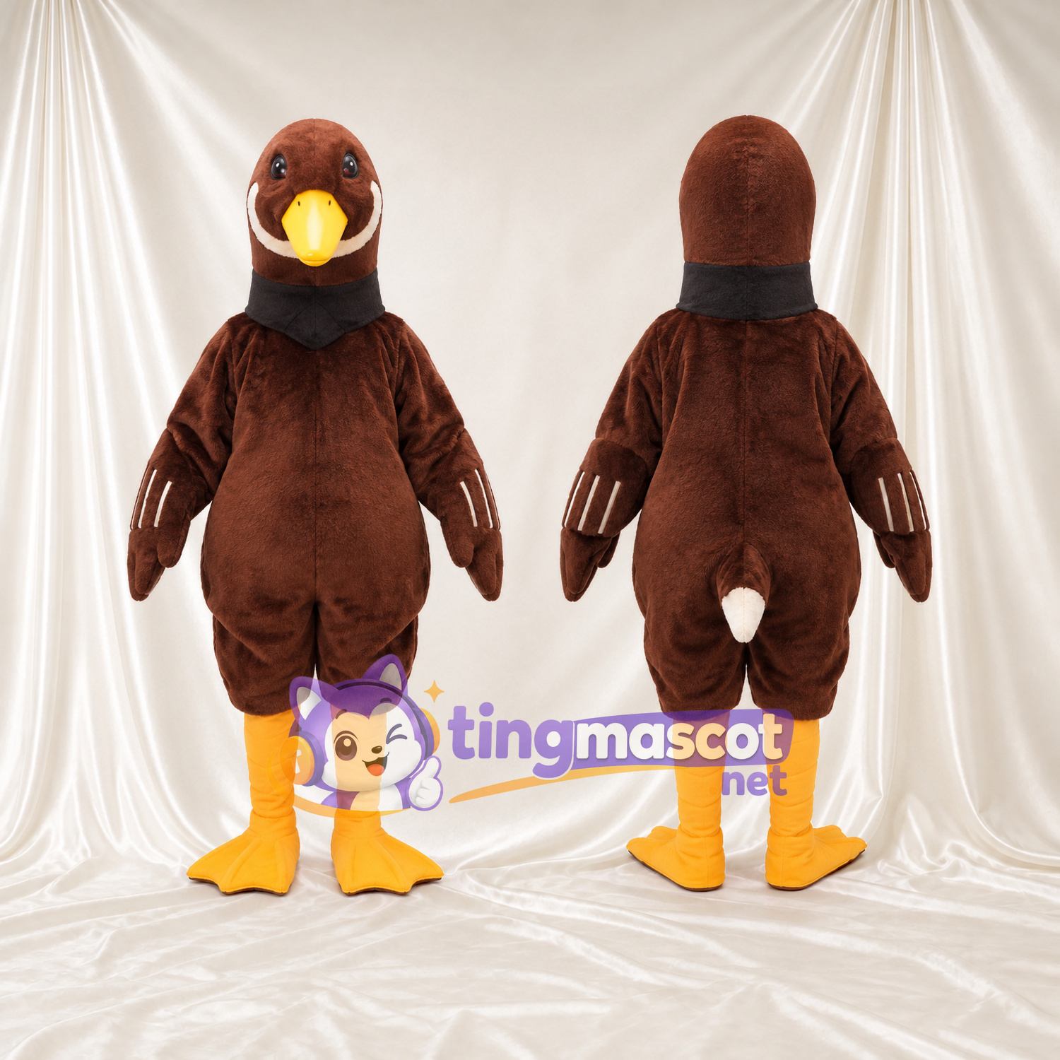 Brown Duck Mascot Costume - Black Neck Scarf and Yellow Legs Brown Duck Mascot Costume - Black Neck Scarf and Yellow Legs