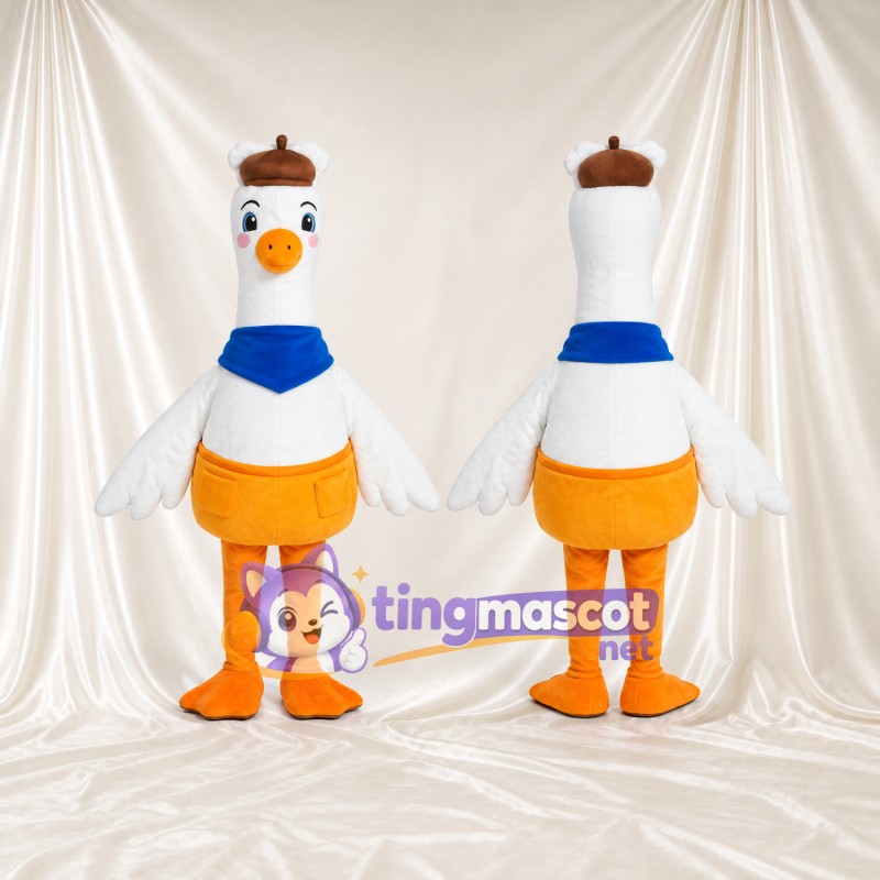 Costume de mascotte Oie – blanc – Casquette (marron); Écharpe (bleu); Short (orange)
