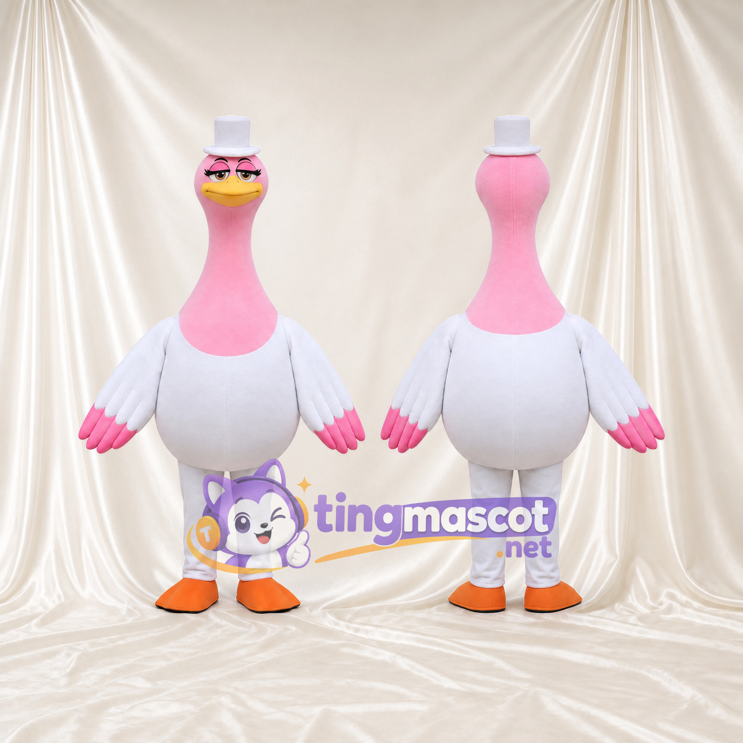 Maskottchenkostüm Gans – rosa / weiß – Zylinder (weiß); Flügelspitzen (rosa) Maskottchenkostüm Gans – rosa / weiß – Zylinder (weiß); Flügelspitzen (rosa)