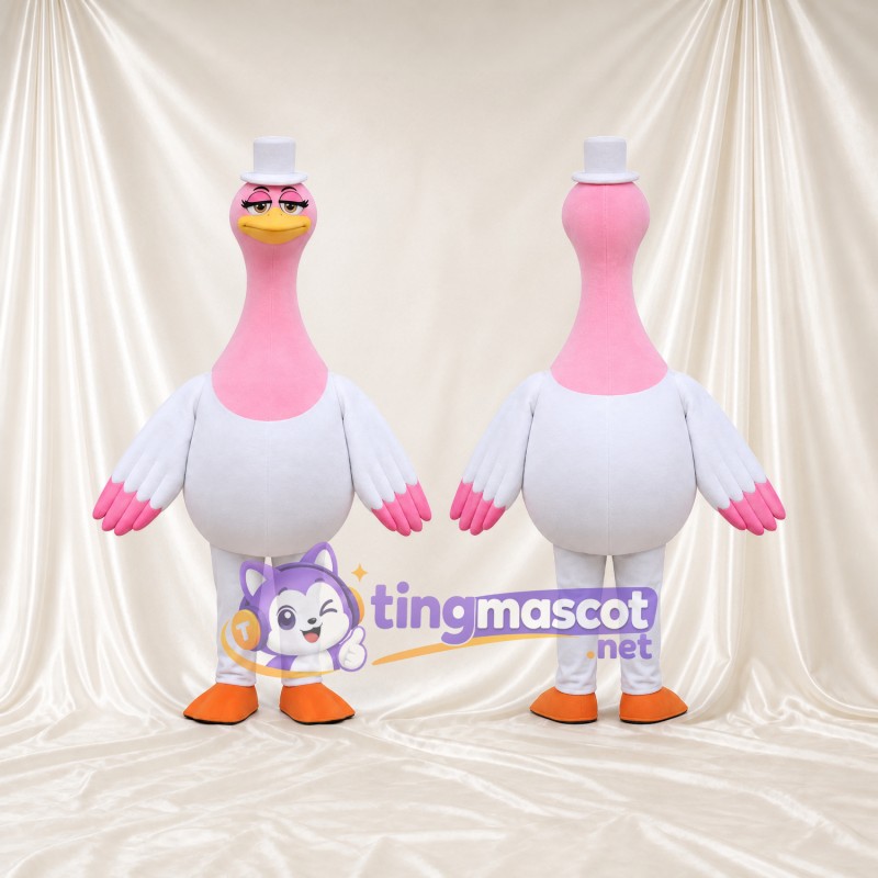 Maskottchenkostüm Gans – rosa / weiß – Zylinder (weiß); Flügelspitzen (rosa)