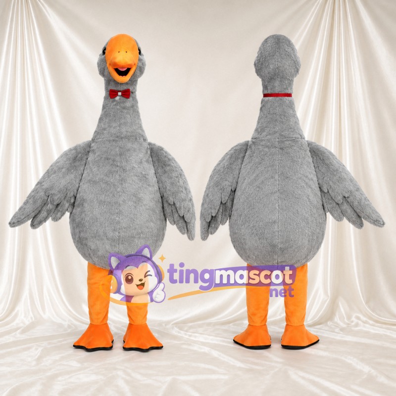 Gray Goose Mascot Costume - Red Bow Tie and Orange Feet