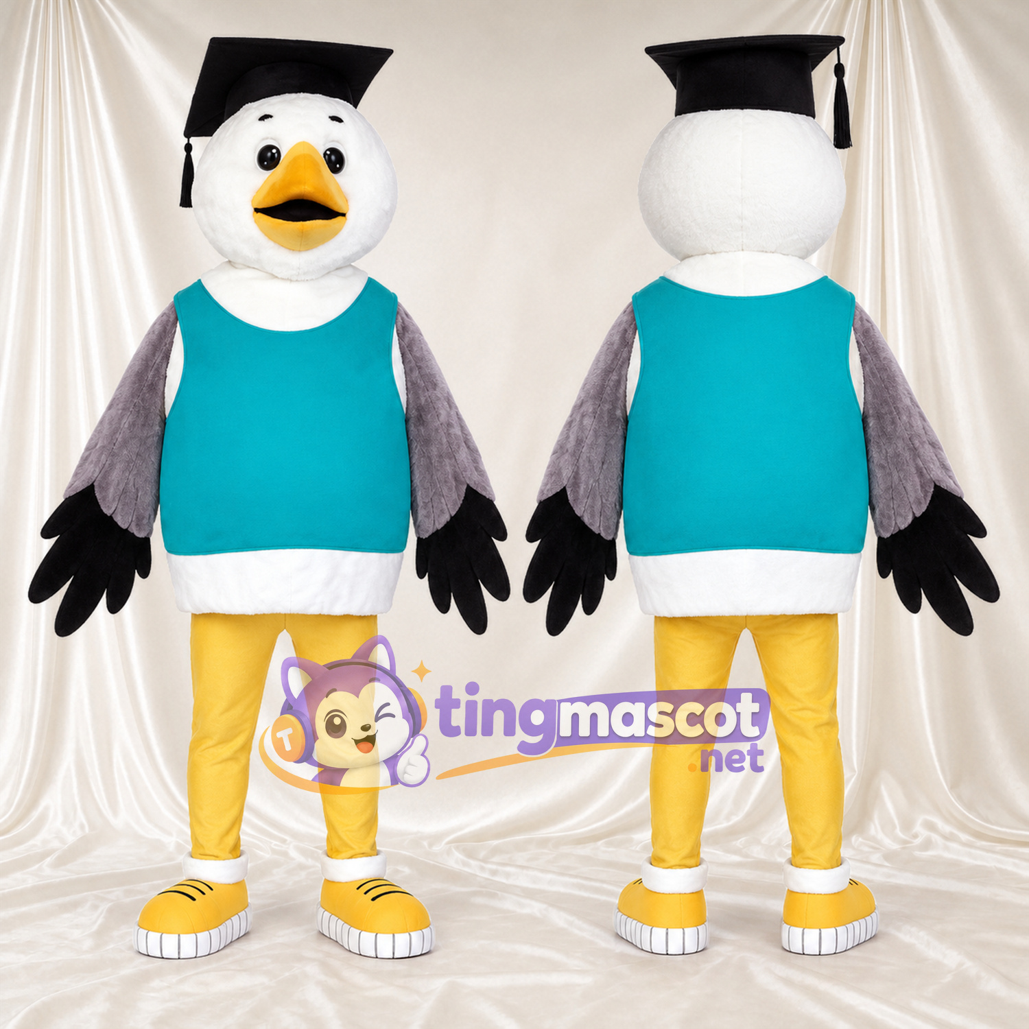 Costume de mascotte Oiseau – blanc – Casquette (noir); Gilet (turquoise) Costume de mascotte Oiseau – blanc – Casquette (noir); Gilet (turquoise)
