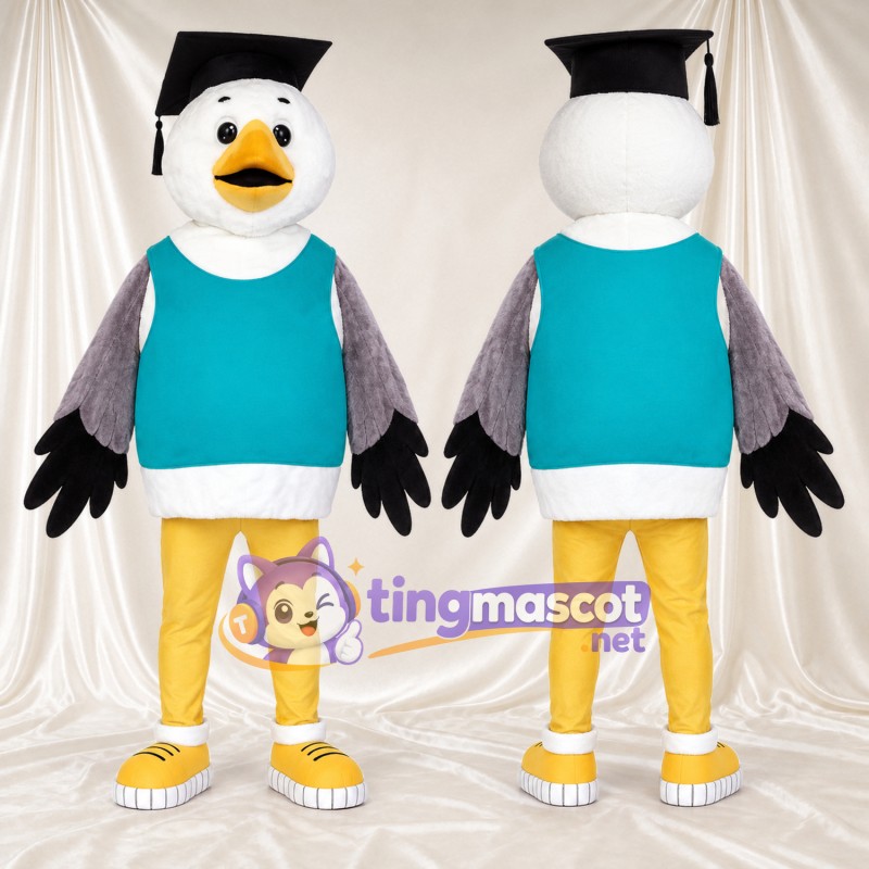 Costume de mascotte Oiseau – blanc – Casquette (noir); Gilet (turquoise)