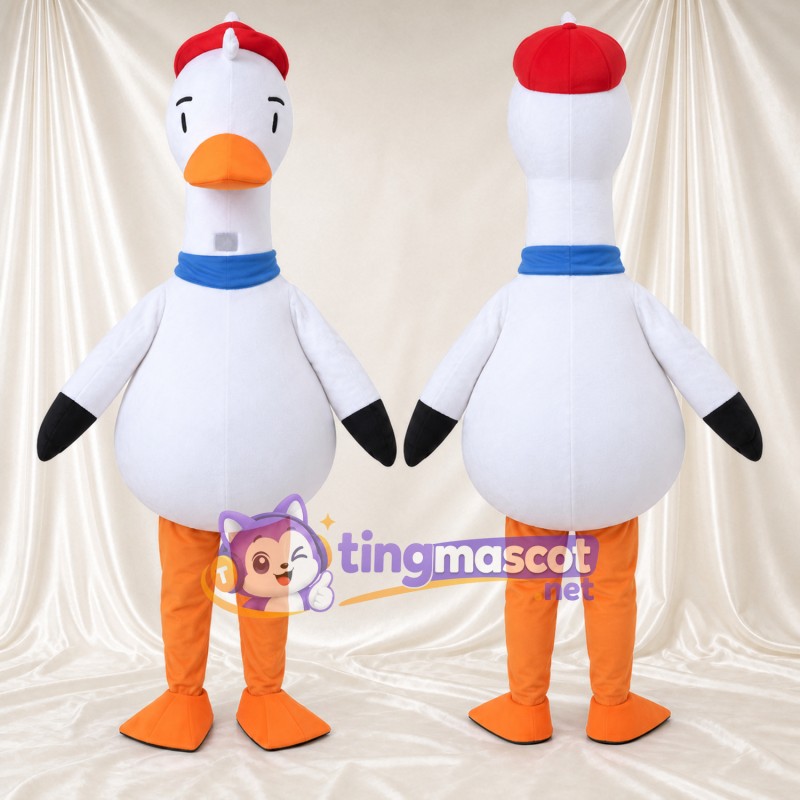 Costume de mascotte Oie – blanc – Casquette (rouge); Cou (bleu)
