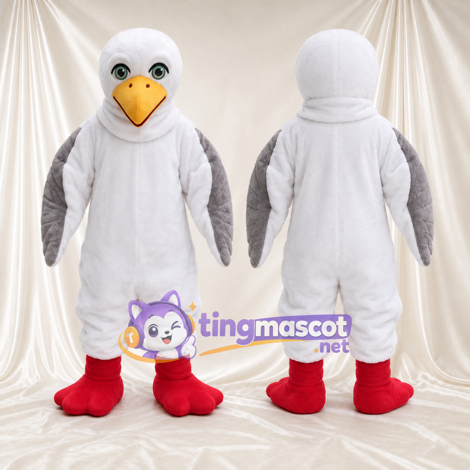 Costume de mascotte Oiseau – blanc – Ailes (gris); Bottes (rouge) Costume de mascotte Oiseau – blanc – Ailes (gris); Bottes (rouge)