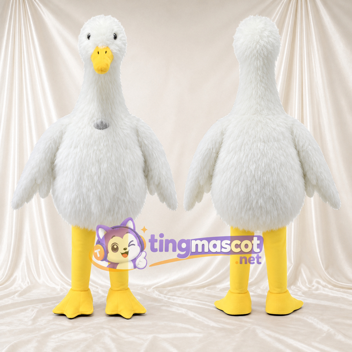 Costume de mascotte Oie – blanc – Bec (petit, jaune); Jambes (jaune) Costume de mascotte Oie – blanc – Bec (petit, jaune); Jambes (jaune)