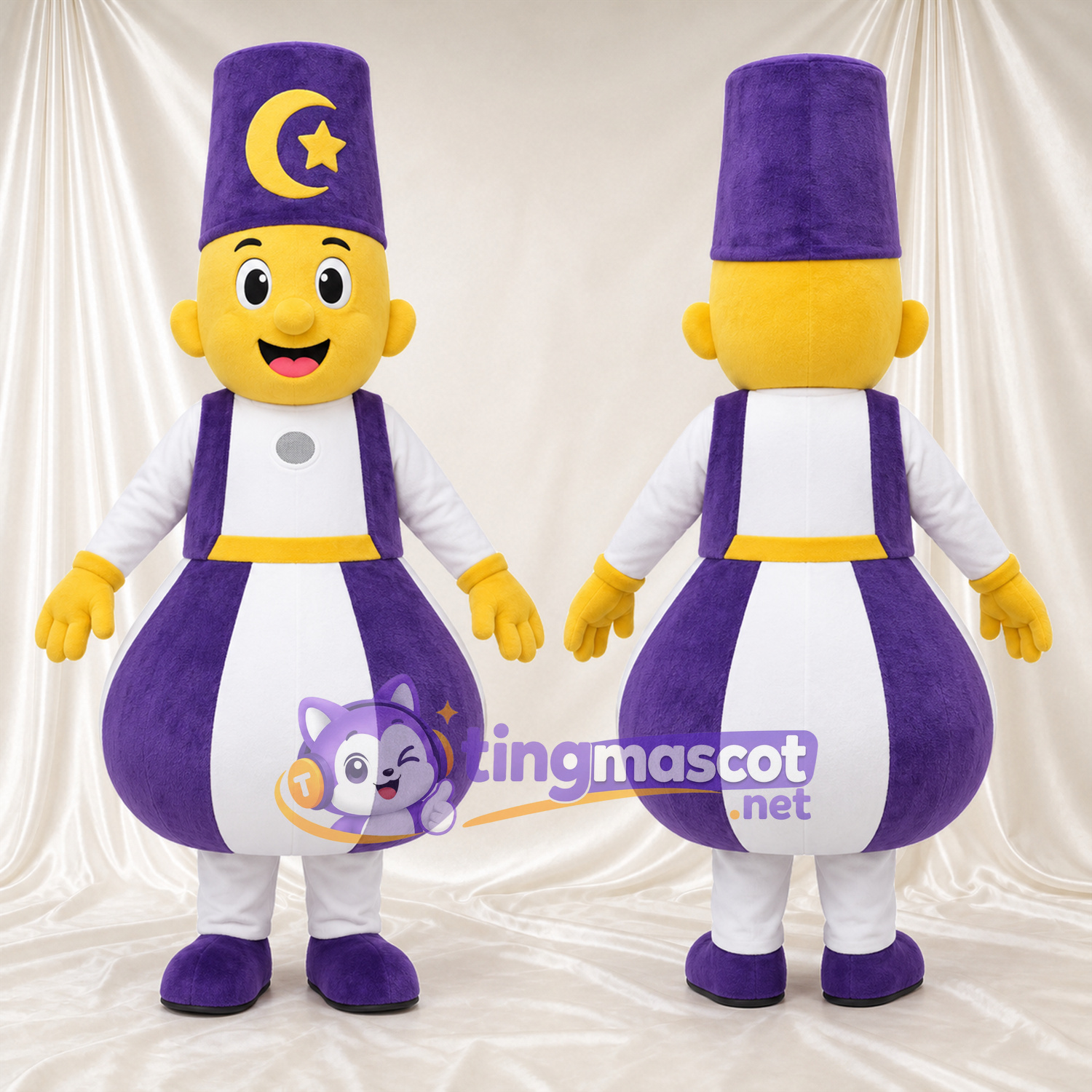 Costume de mascotte Magicien – jaune – Étoile (violet); Chapeau; Tunique longue Costume de mascotte Magicien – jaune – Étoile (violet); Chapeau; Tunique longue