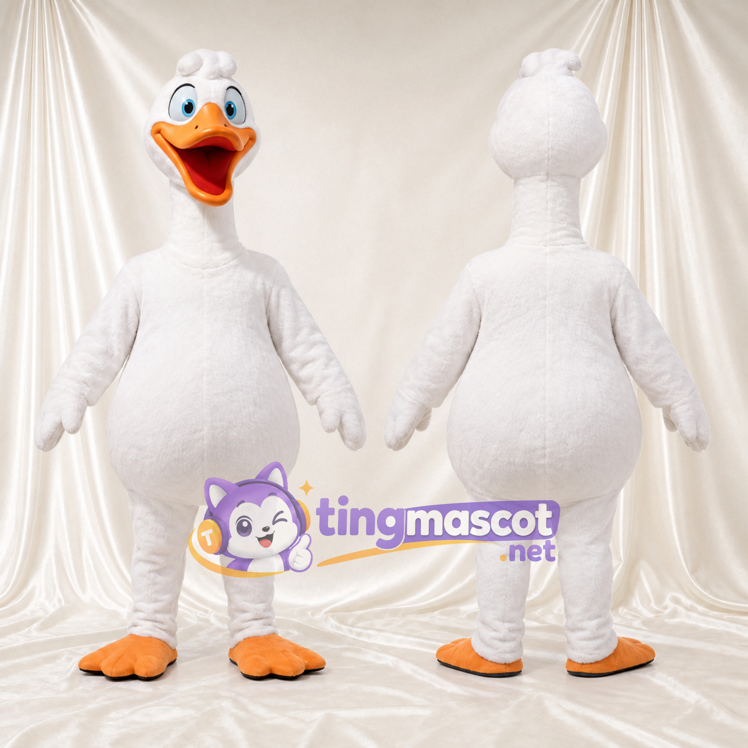 Costume de mascotte Oie – blanc – Bec (grand, souriant, orange); Pieds (crème) Costume de mascotte Oie – blanc – Bec (grand, souriant, orange); Pieds (crème)