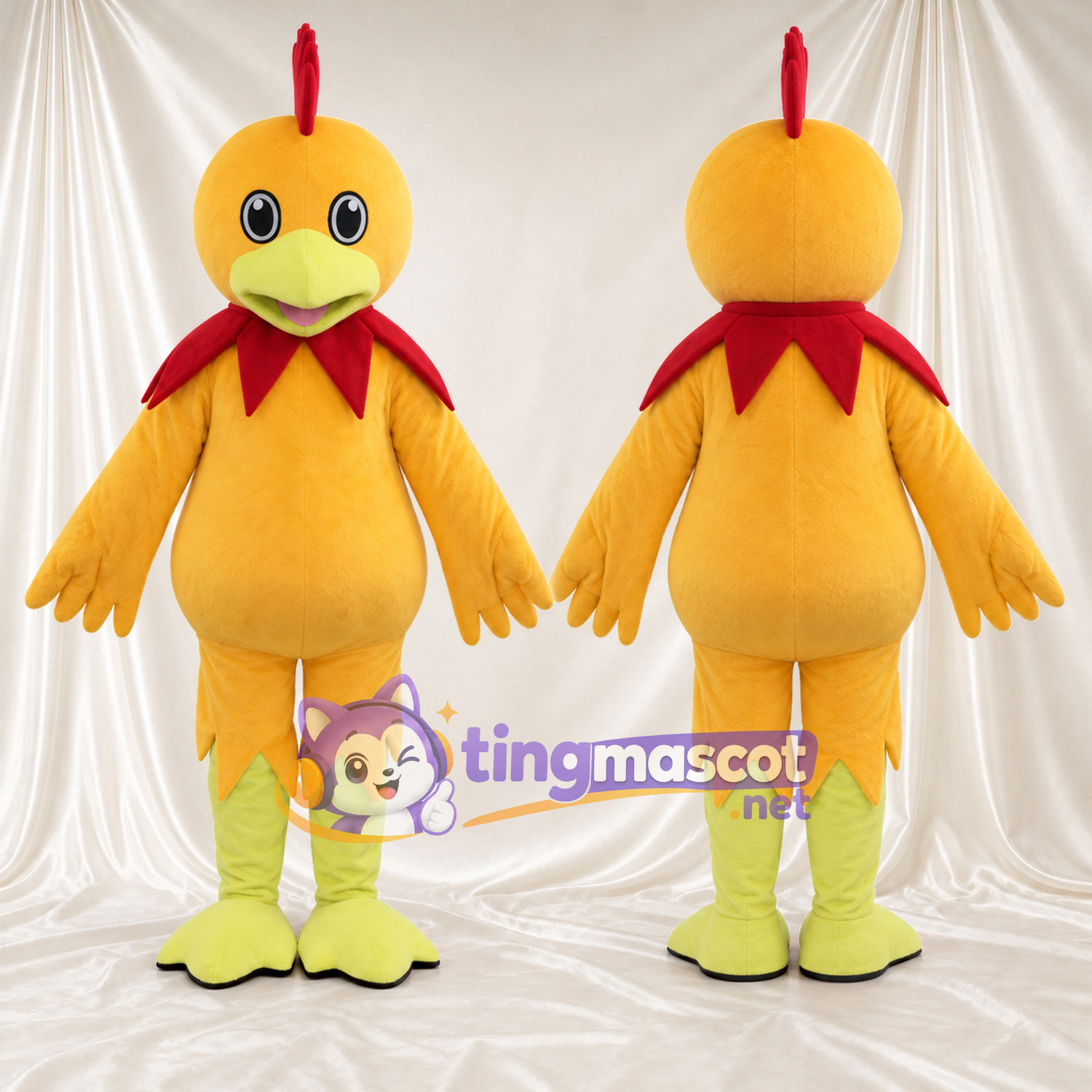 Orange Rooster Mascot Costume - Red Feather Collar and Lime Legs Orange Rooster Mascot Costume - Red Feather Collar and Lime Legs