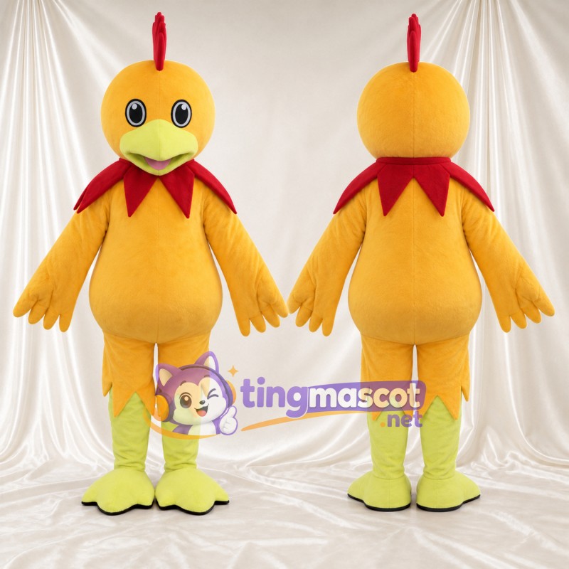 Orange Rooster Mascot Costume - Red Feather Collar and Lime Legs