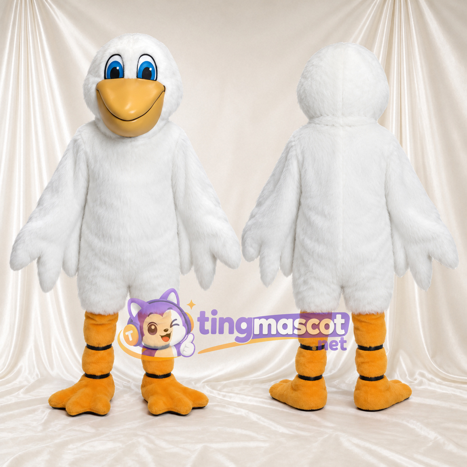 Costume de mascotte Oiseau – blanc – Bec (grand, beige); Jambes (orange) Costume de mascotte Oiseau – blanc – Bec (grand, beige); Jambes (orange)