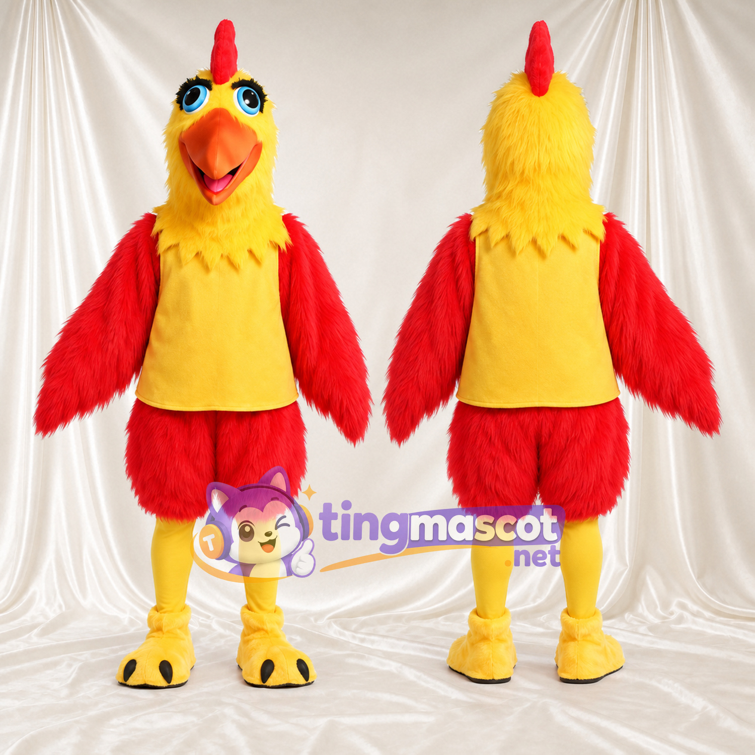 Costume de mascotte Coq – jaune / rouge – Cou (jaune); Plumes; Short (rouge) Costume de mascotte Coq – jaune / rouge – Cou (jaune); Plumes; Short (rouge)
