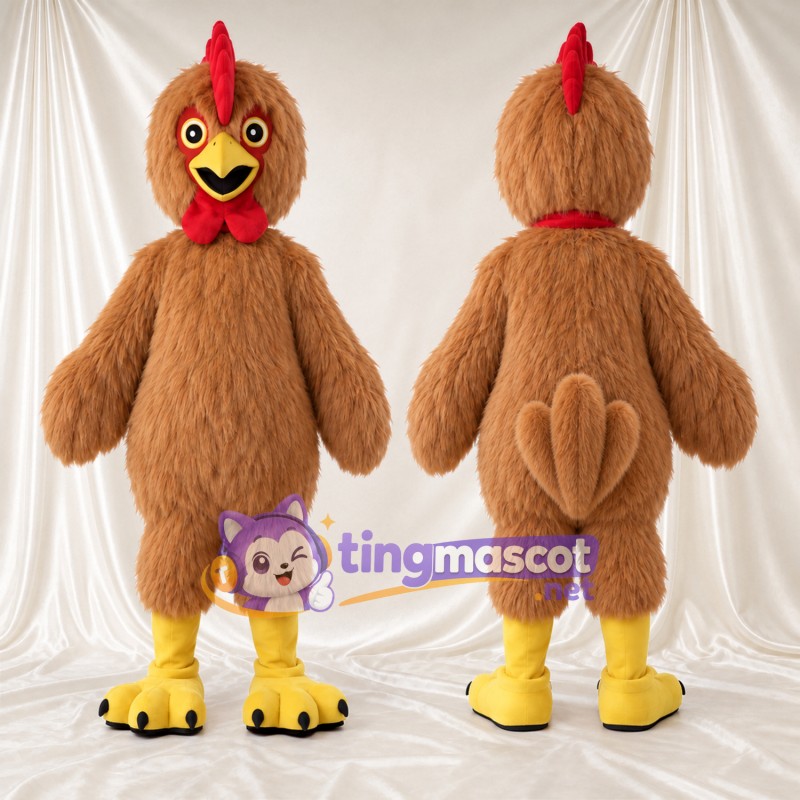 Brown Rooster Mascot Costume - Red Comb and Yellow Talons