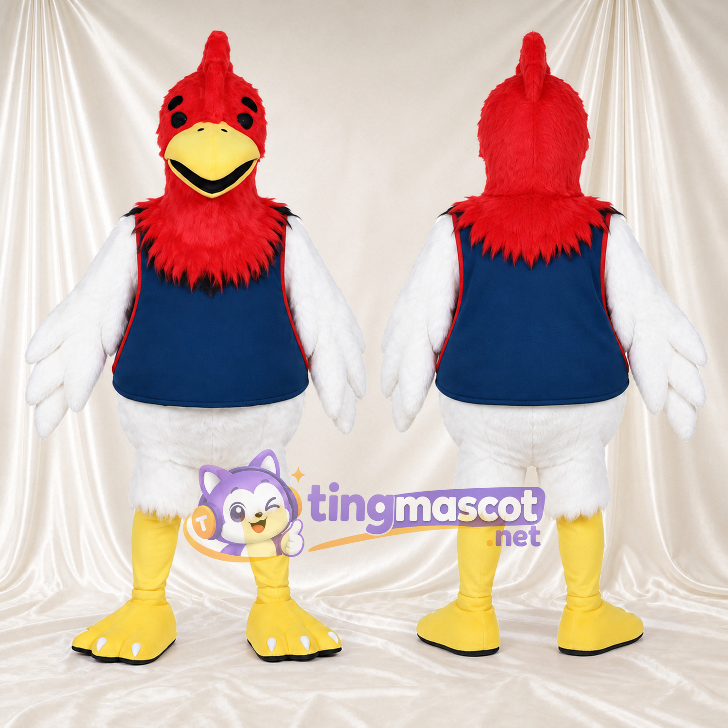 Red and White Rooster Mascot Costume - Navy Sports Vest and Yellow Feet Red and White Rooster Mascot Costume - Navy Sports Vest and Yellow Feet