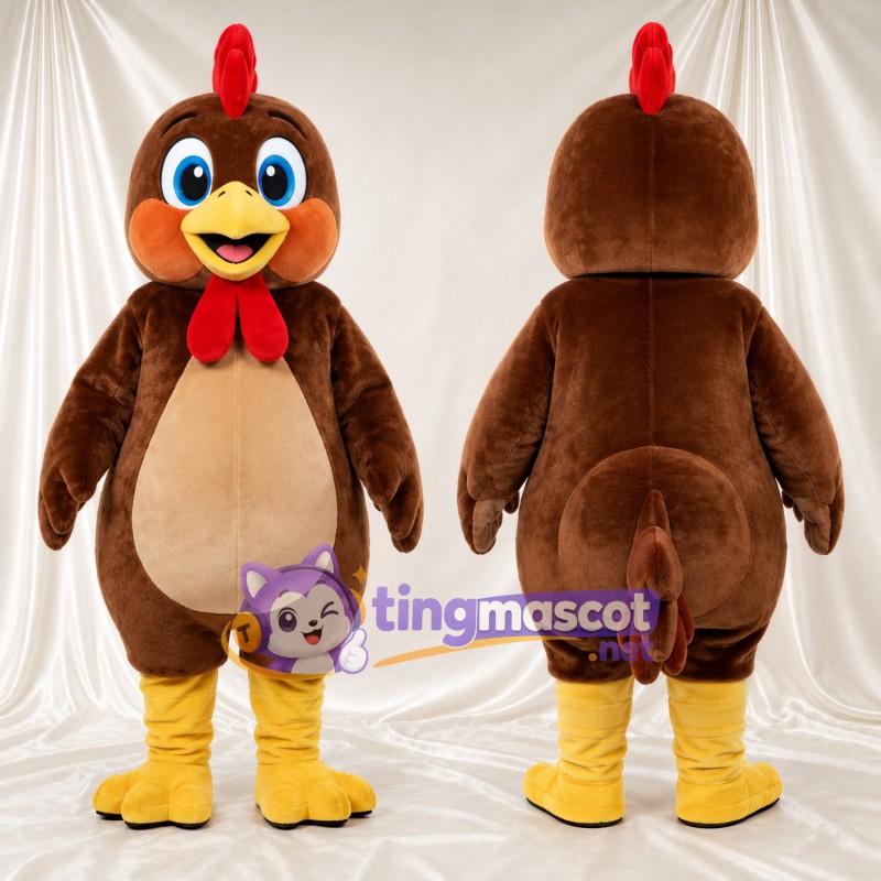 Brown Rooster Mascot Costume - Beige Belly and Red Wattle