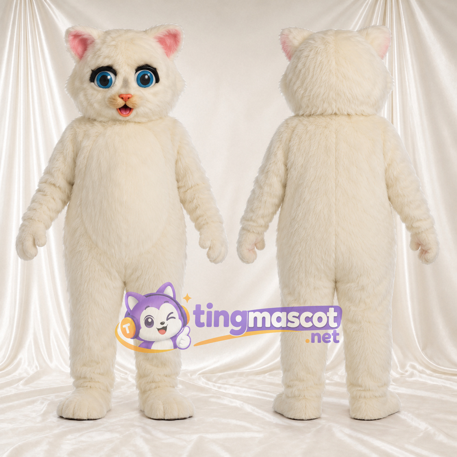 Costume de mascotte Chat – crème – Yeux (bleu); Oreilles (rose) Costume de mascotte Chat – crème – Yeux (bleu); Oreilles (rose)