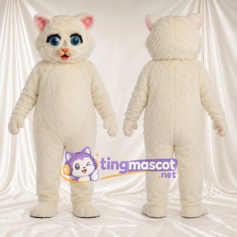 Costume de mascotte Chat – crème – Yeux (bleu); Oreilles (rose)