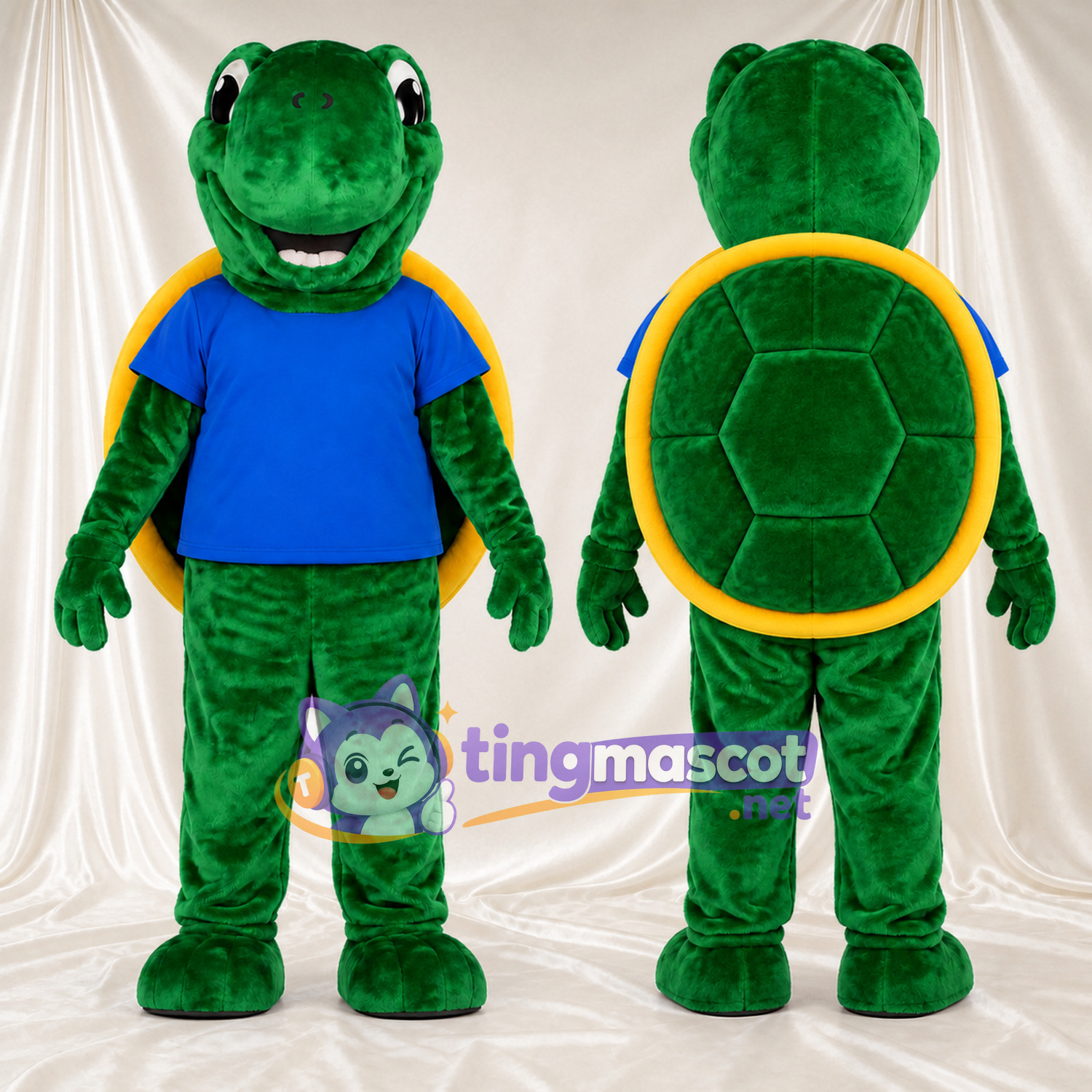 Green Turtle Mascot Costume - Blue T-Shirt and Yellow Shell Green Turtle Mascot Costume - Blue T-Shirt and Yellow Shell